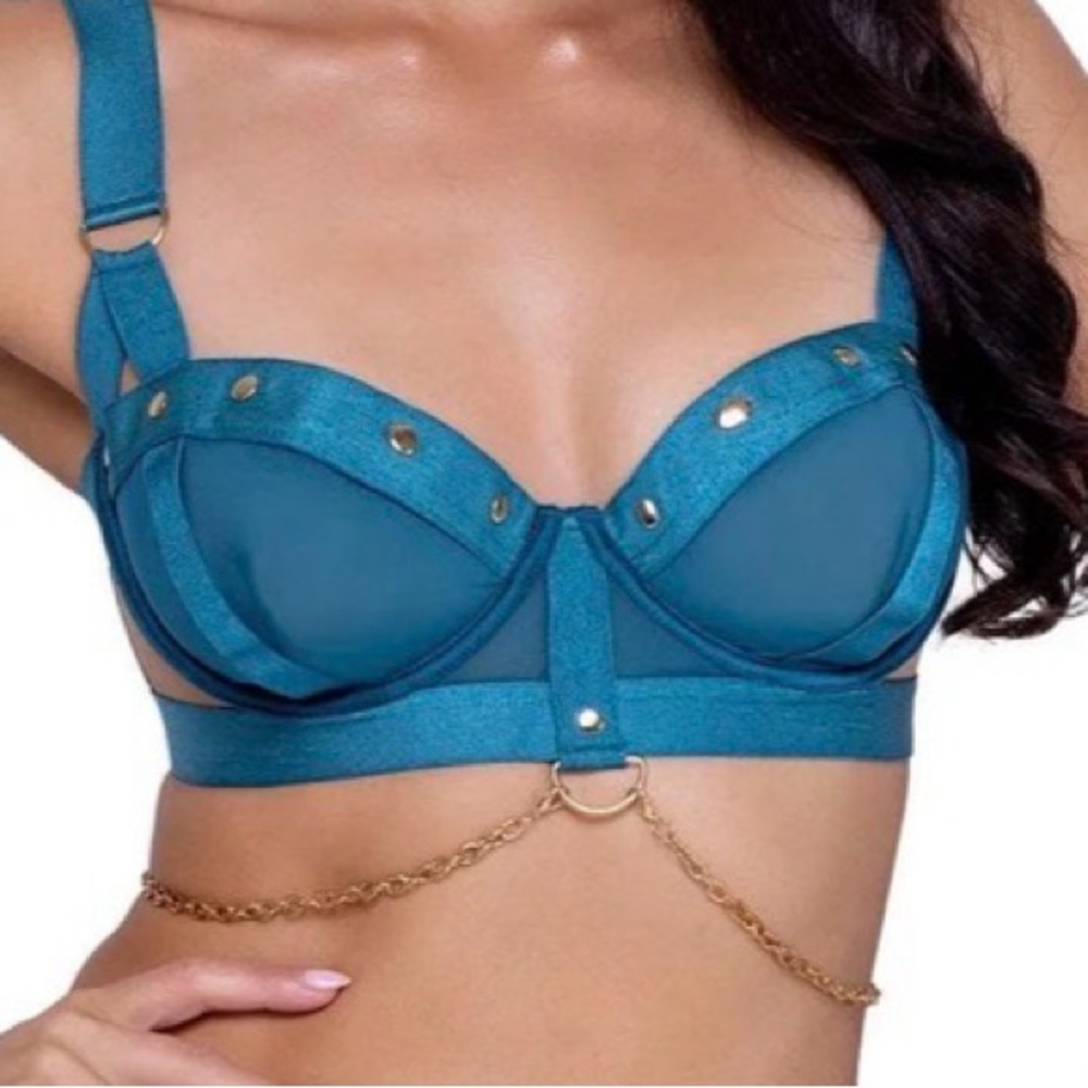 Teal Underwire Bra with Gold Chains